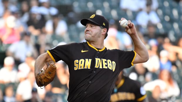 Oct 1, 2023; Chicago, Illinois, USA; San Diego Padres starting pitcher Rich Hill (41) pitches during the tenth inning against the Chicago White Sox at Guaranteed Rate Field.